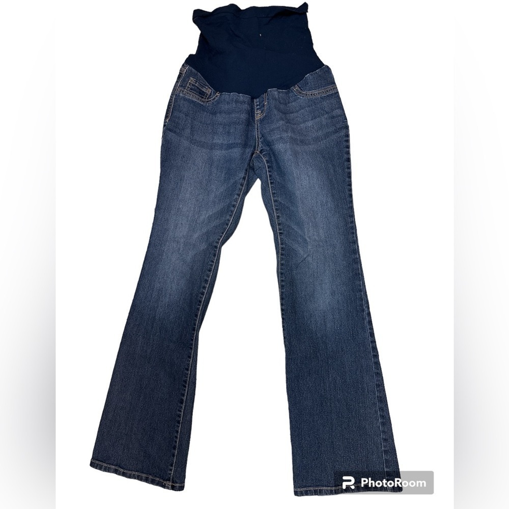 Indigo Blue Premium Denim Boot Cut Maternity Jeans Over the Bump Panel Small
